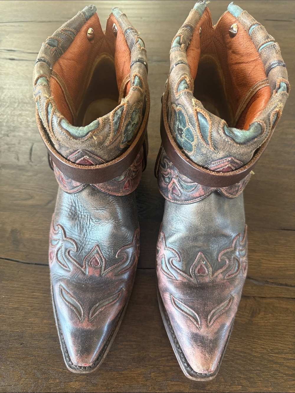 Embroidered Western Ankle Boots - Brown/Teal